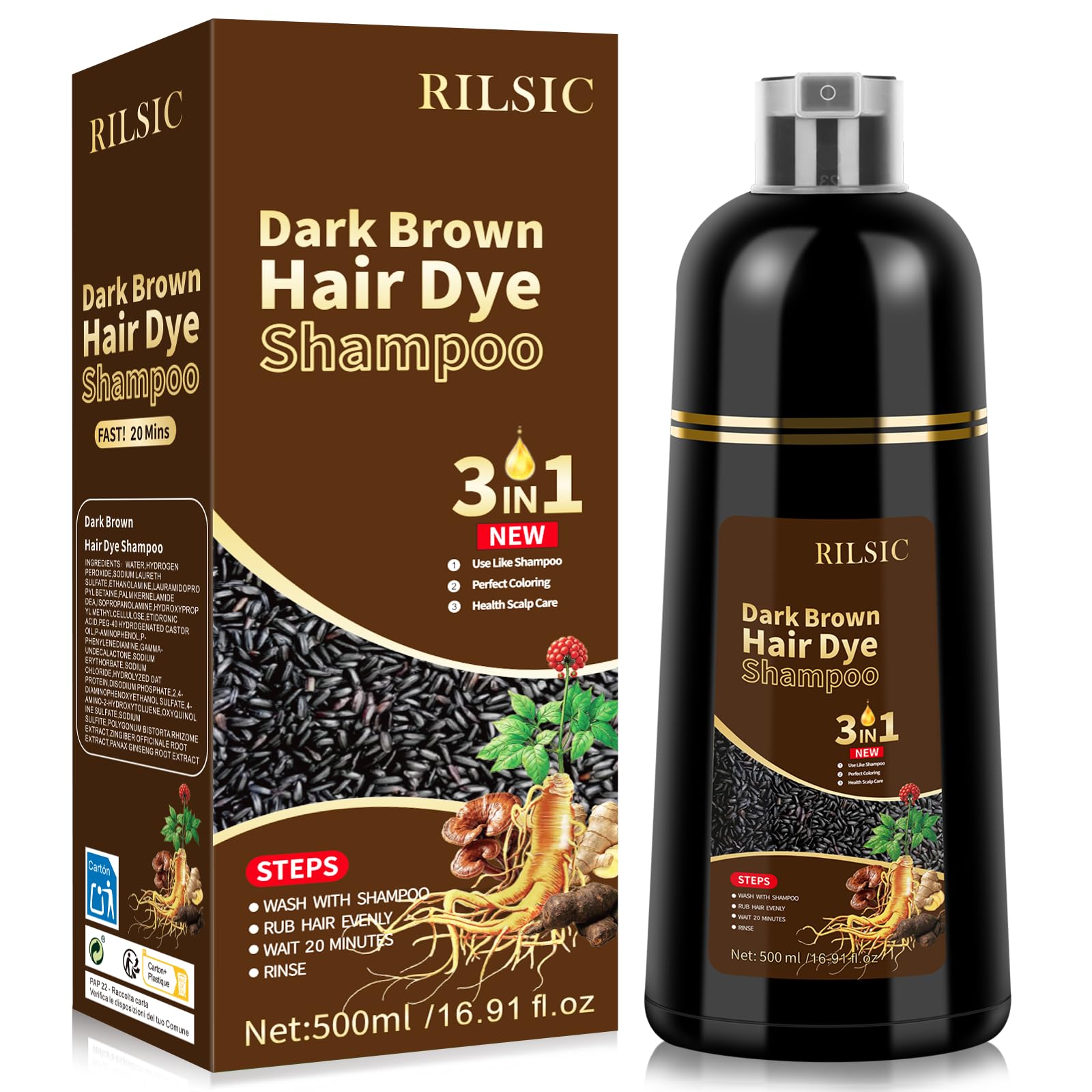 Black Hair Dye Shampoo, 500ML Hair Colour Shampoo 3 in 1,Herbal